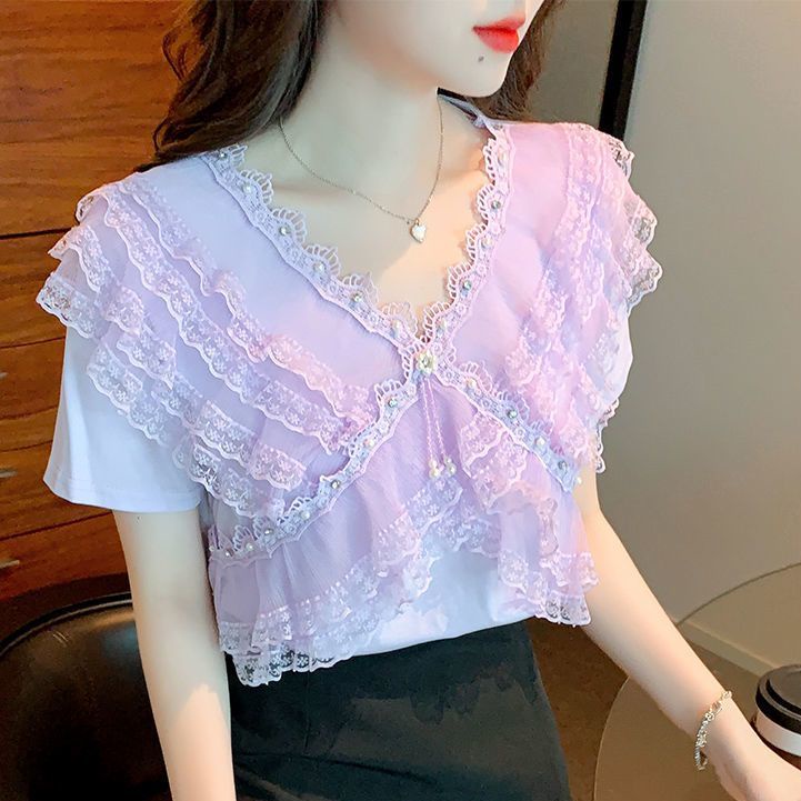 Áo Thun Ngắn Tay Cổ Chữ V Phối Ren Bèo Đính Hạt Ngọt Ngào Thời Trang Mùa Hè Phong Cách Mới 2023