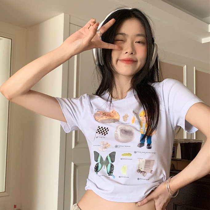 COZOK Áo Thun Croptop Ngắn Tay In Họa Tiết Kiểu Vintage Cá Tính