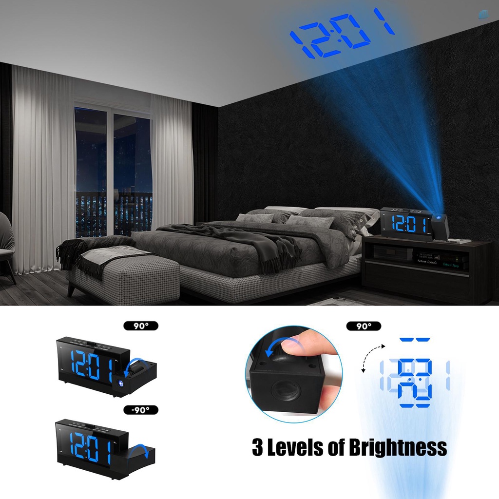 Đồng Hồ Báo Thức Kỹ Thuật Số Màn Hình Lớn 6.4-inch 3 Trong 1 Xoay 180 Độ Tích Hợp Báo Thức Kép Và Đài FM Có Màn Hình LED Hiển Thị