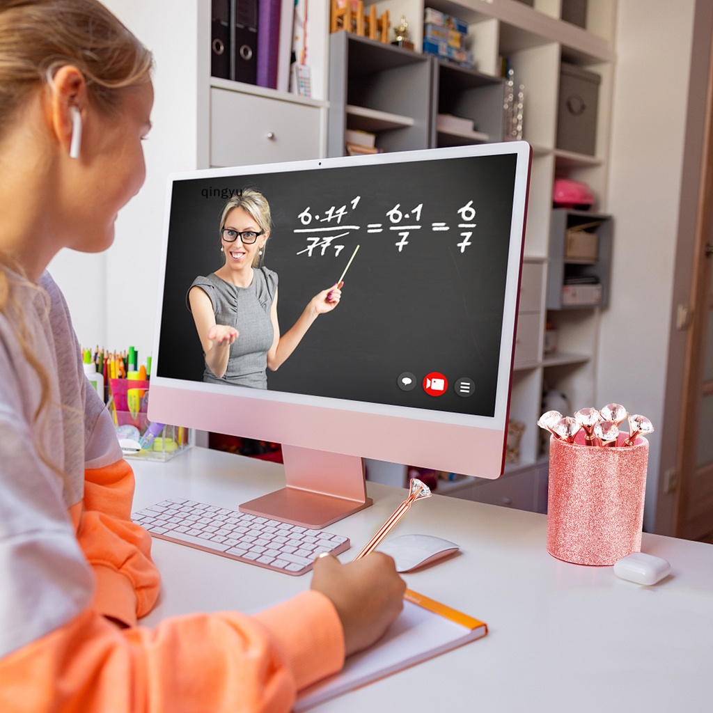 Giá Đỡ Bút + 6 Cốc Đựng Bút Màu Vàng Hồng Lấp Lánh Tiện Dụng Cho Học Sinh / Văn Phòng