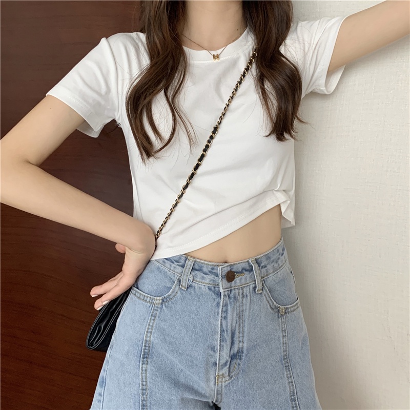 NZN Áo Thun crop top Tay Ngắn Màu Trơn Cổ Tròn Thời Trang Cho Nữ
