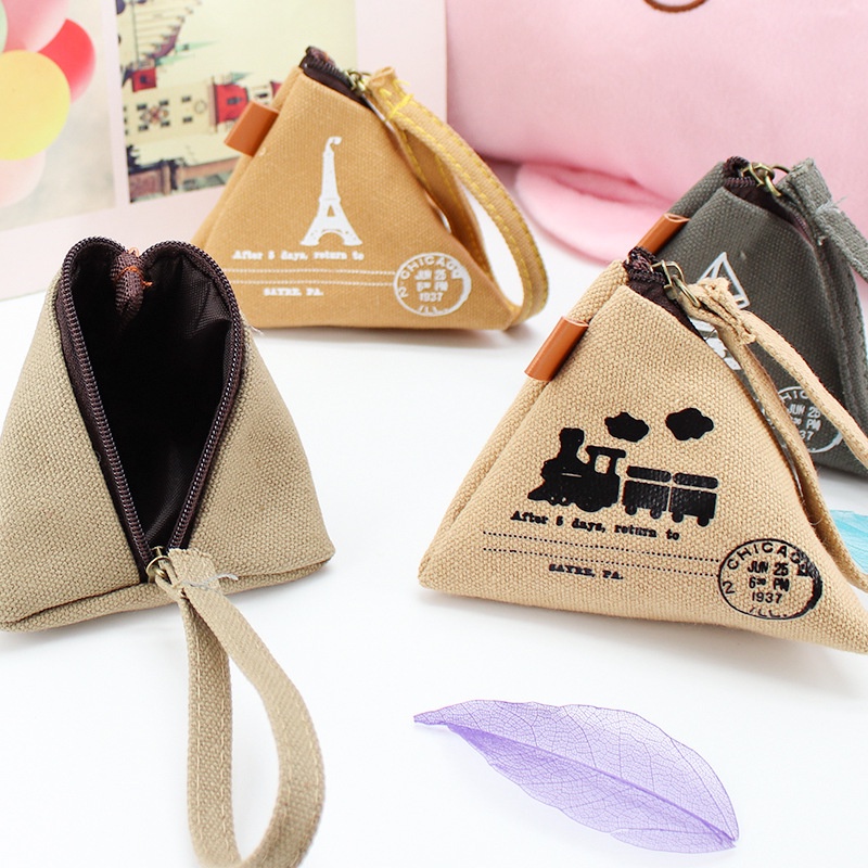 Ví Đựng Tiền Xu / Chìa Khóa Mini Bằng Vải Canvas Hình Tam Giác Dễ Thương