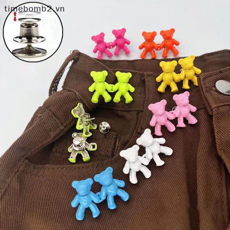 {Timebomb} Set 2 Nút Kim Loại Hình Gấu Có Thể Tháo Rời Cài Nút May Quần Jean Không Cần Khóa Phù Hợp Với Eo.