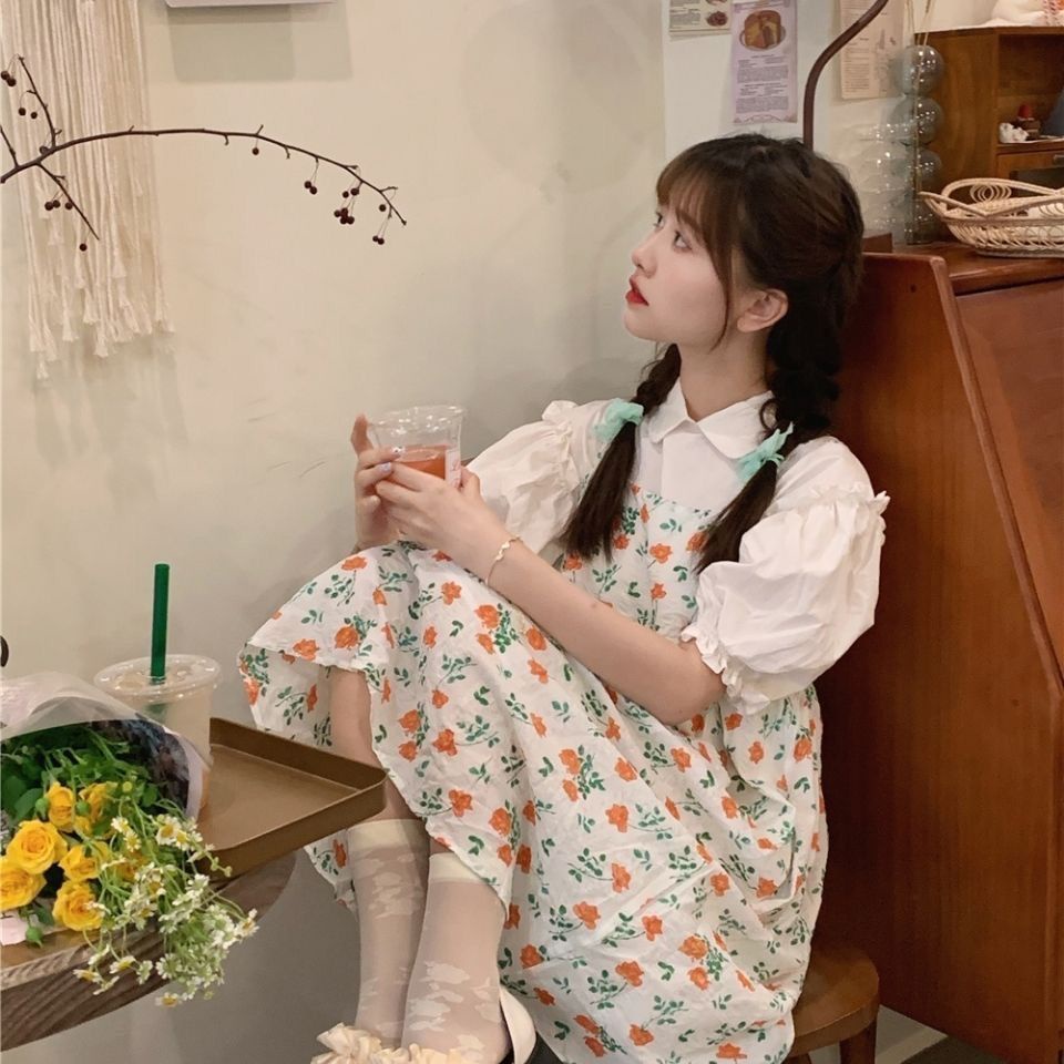 Set Áo Sơ Mi Trắng Ngắn Tay Phồng + Đầm Hai Dây Họa Tiết Hoa Thời Trang Mùa Hè Cho Nữ