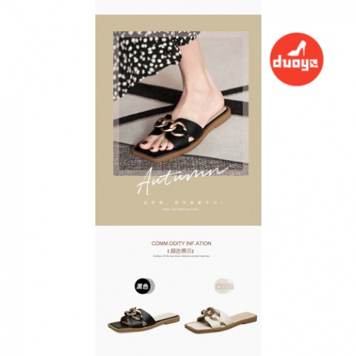 Duoya Tóc Thẳng ~ [Hàng Có Sẵn] Dép Da Mềm Đế Bằng Phối Dây Xích Thời Trang Mùa Hè Cho Nữ Miễn Phí Vận Chuyển Hàng