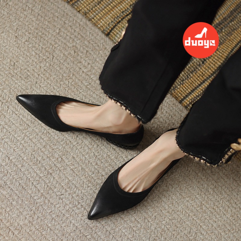 Duoya Tóc Thẳng ~ [Hàng Có Sẵn] Giày Da Mềm Gót Thấp Dày Mũi Nhọn Thoải Mái Mùa Xuân Cho Nữ Miễn Phí Vận Chuyển