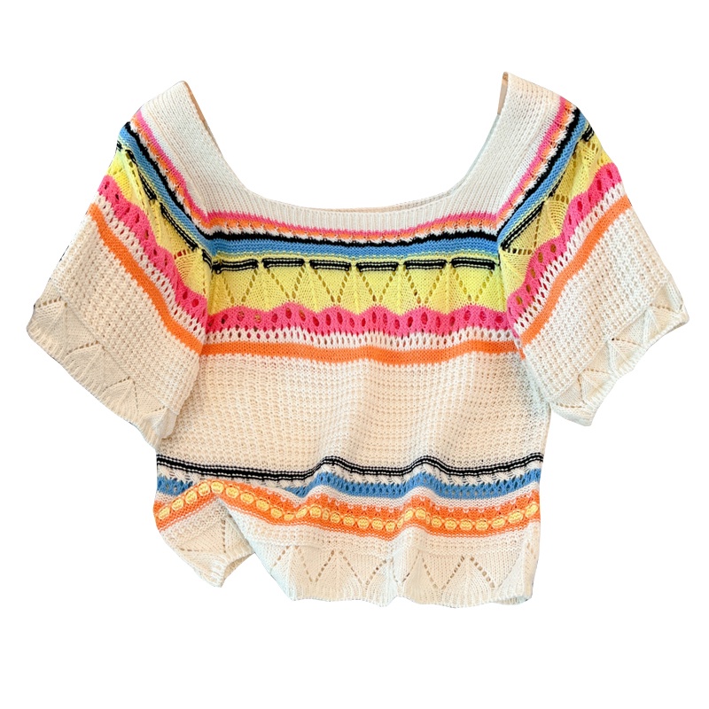 Áo Thun Dệt Kim Tay Ngắn Cổ Vuông Lưng Cao Họa Tiết Kẻ Sọc Thời Trang Mùa Hè Dành Cho Nữ