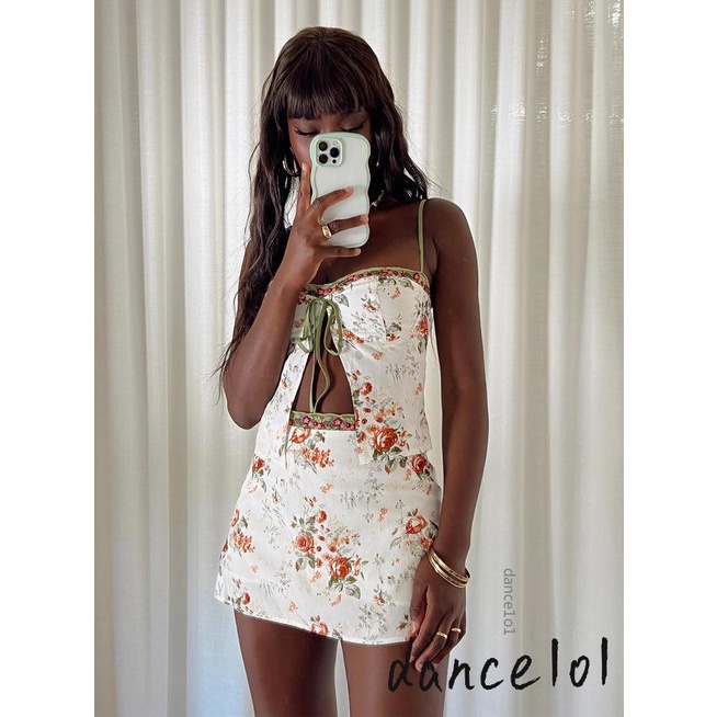 Bộ Trang Phục Múa 1O1 Gồm Áo Dây Xẻ Tà + Chân Váy Ren Hoa Ngắn Dành Cho Nữ