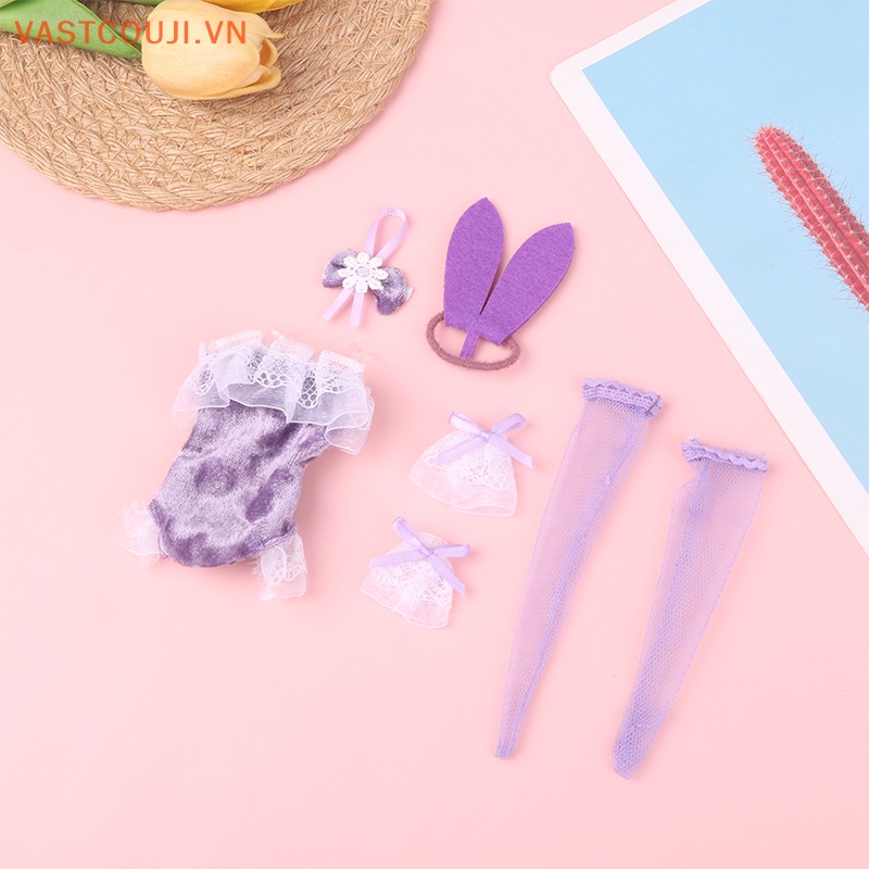 1 Bộ Đầm + Vòng Đeo Tay + Vớ / Băng Đô Nơ Hình Thỏ Dễ Thương Cho Búp Bê 11.8inch