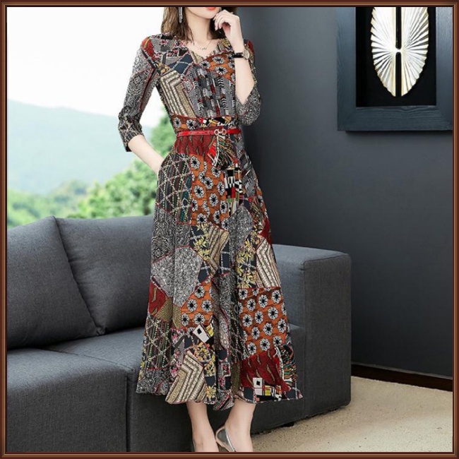 Đầm Midi Thắt Eo In Họa Tiết Thời Trang Xuân Hè Cho Nữ