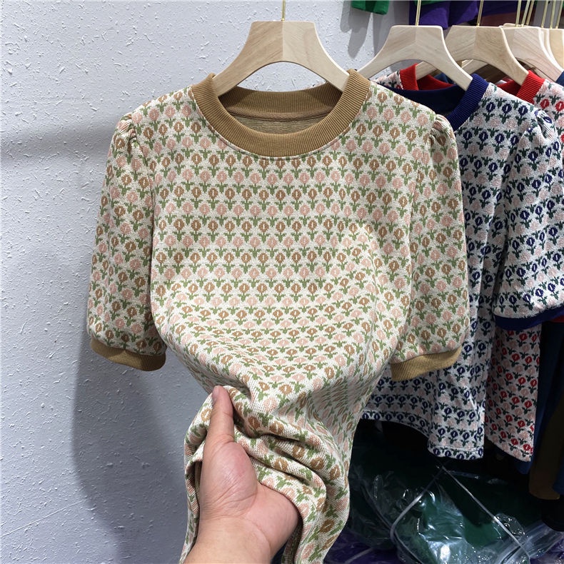 Áo Dệt Kim Tay Phồng Ngắn In Hoa Thời Trang Retro Xinh Xắn Cho Nữ