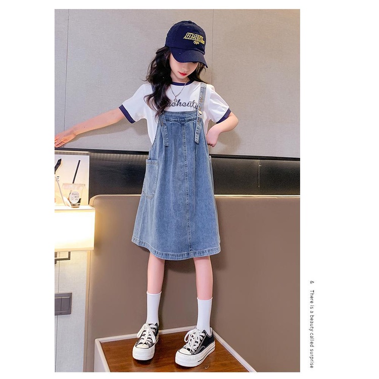 Set Áo Thun Cotton + Váy Yếm Denim Thời Trang Hè 2023 Cho Bé Gái 5-6 - 7-8 - 9-10 - 12-13 - 14-15 Tuổi
