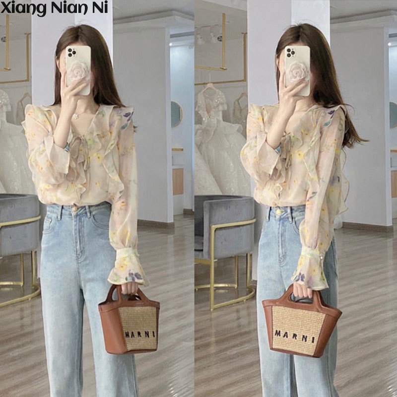 Xiang Nian Ni Áo Sơ Mi chiffon Dài Tay Chống Nắng Họa Tiết Hoa Phong Cách Pháp