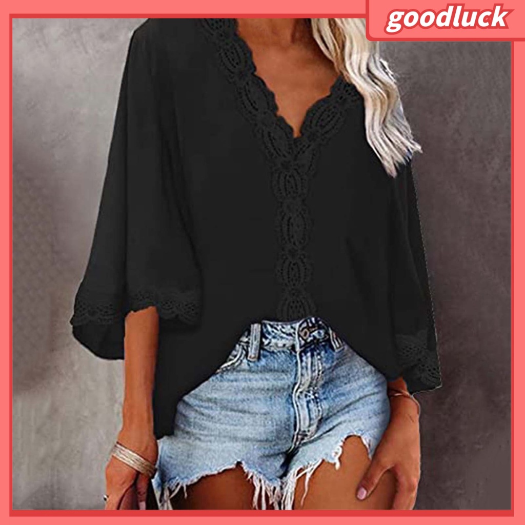 Áo Sơ Mi Tay Loe 3 / 4 Cổ Chữ V Màu Sắc Thời Trang Dành Cho Nữ