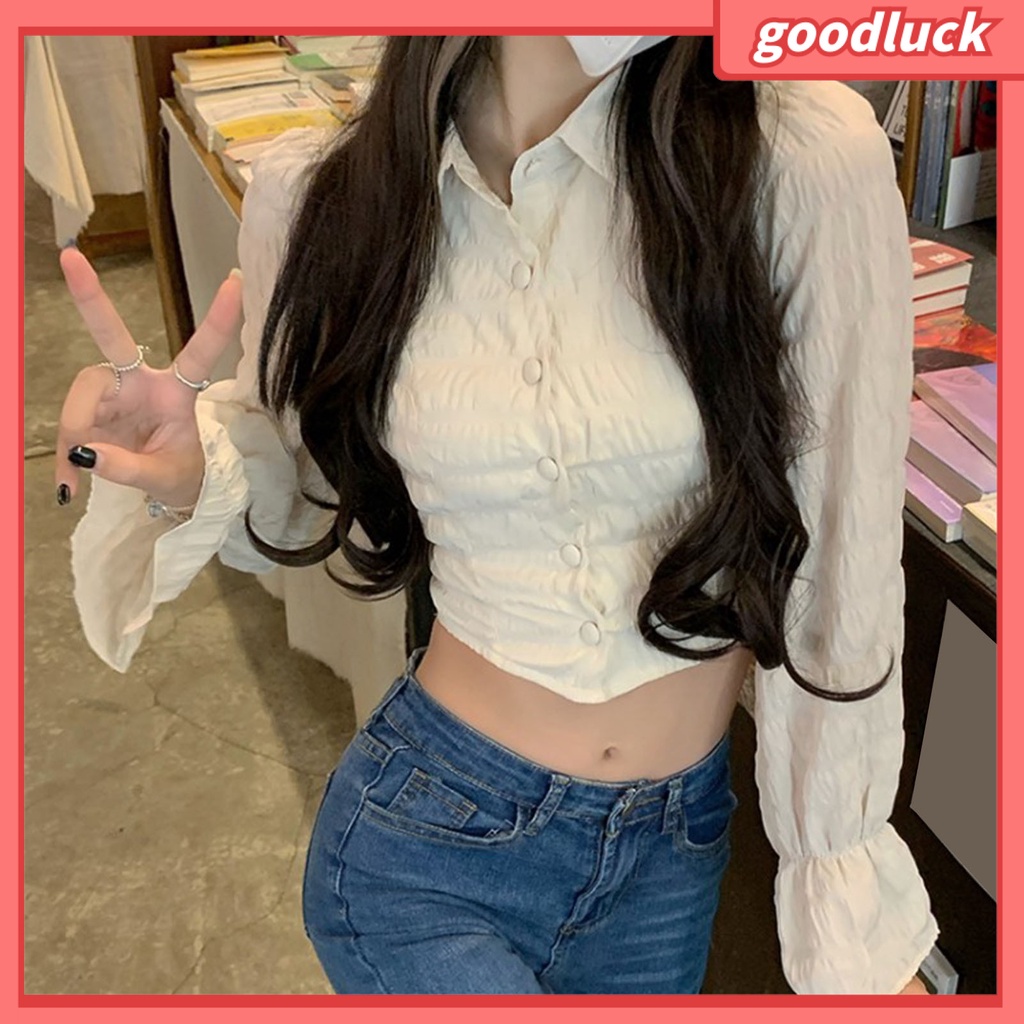 [ULK] Áo Sơ Mi Tay Dài Phồng Thắt Nơ Eo Họa Tiết Hoa Rỗng Cài Một Hàng Nút Thời Trang Mùa Xuân Cho Nữ