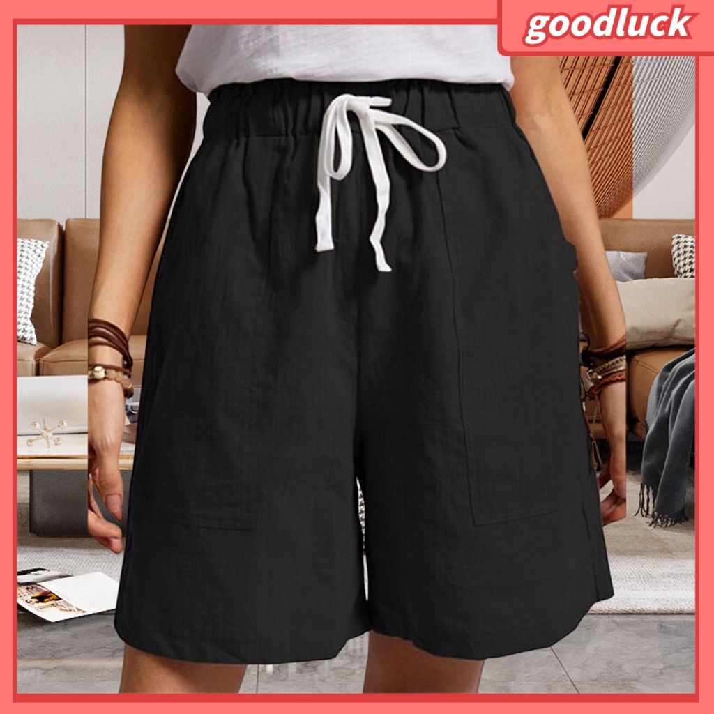 Quần ngắn ống rộng Lưng Thun Màu Trơn Phối Túi Lớn Thời Trang Đường Phố Mùa Hè