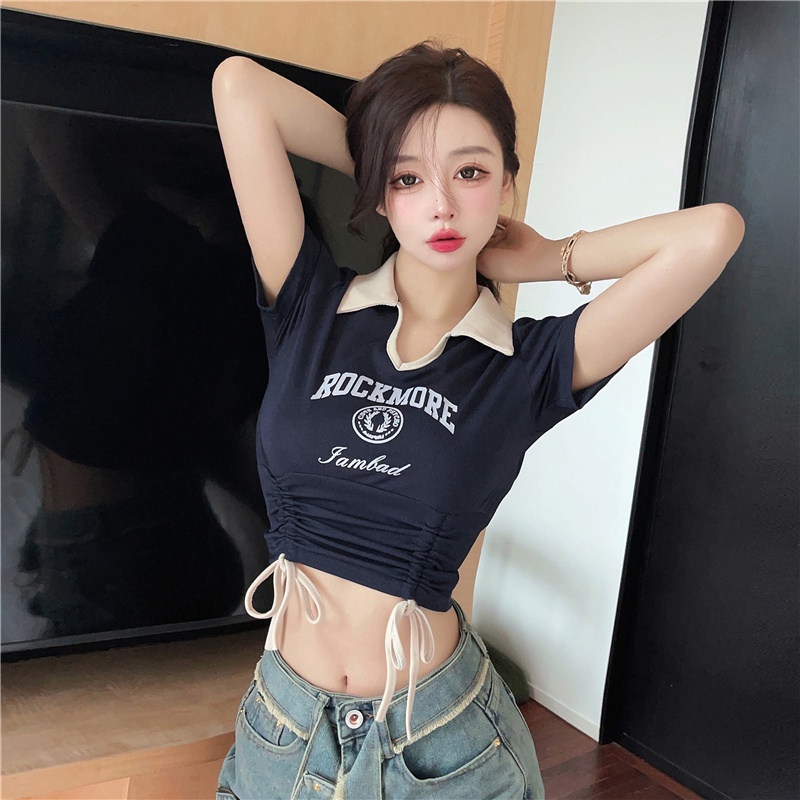Áo Thun polo Ngắn Tay Ôm Dáng Phối Dây Rút Thời Trang Dành Cho Nữ