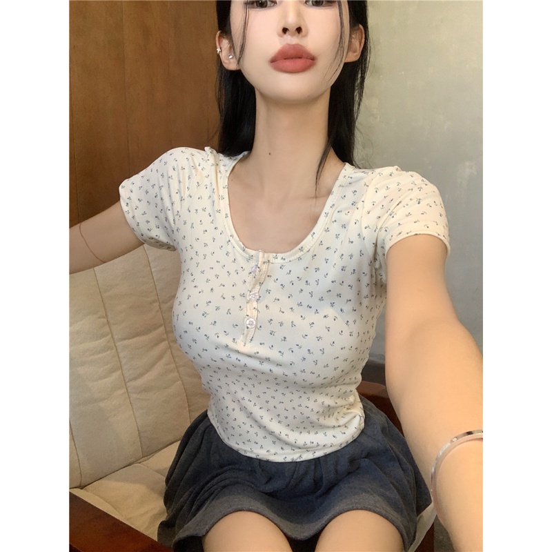 Áo Thun Tay Ngắn Cổ Tròn Hoạ Tiết Hoa Thời Trang Mùa Hè Cho Phái Nữ