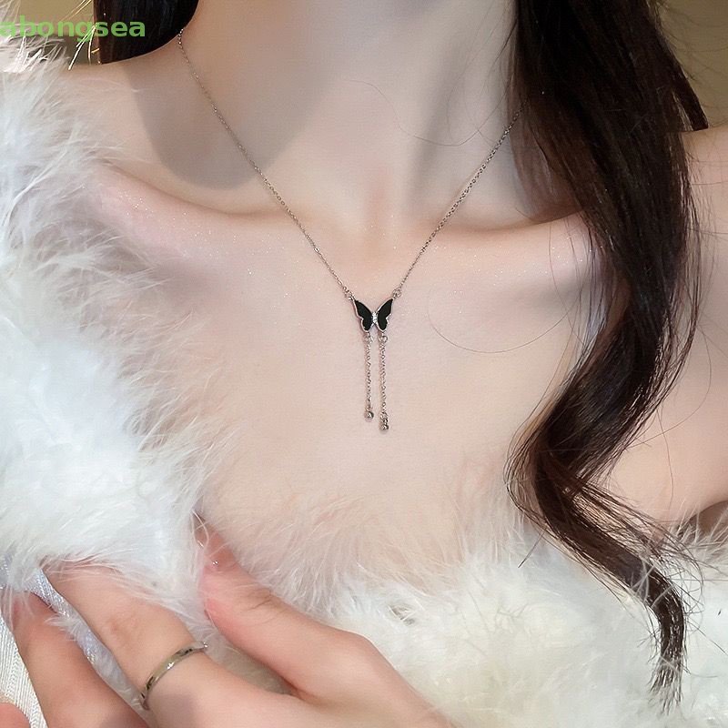 Vòng cổ Nhiều Lớp Tua Rua Mặt Hình Bướm Đen Phong Cách Retro Cá Tính Cho Nữ