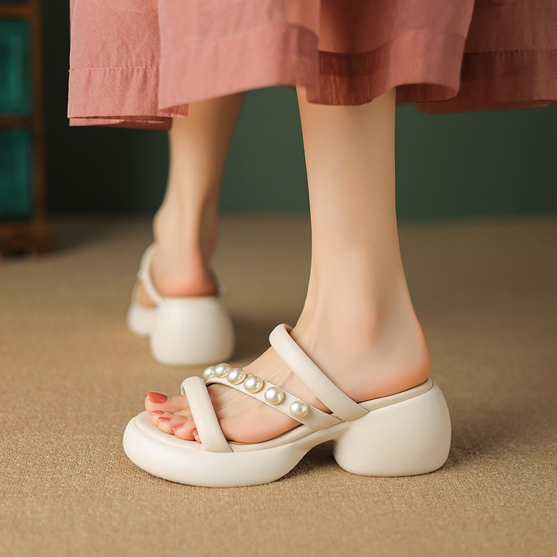 Duoya Tóc Thẳng ~ [Hàng Có Sẵn] Giày Sandal Đế Dày Hở Ngón Bằng Da Mềm Đính Hạt Thời Trang Nữ