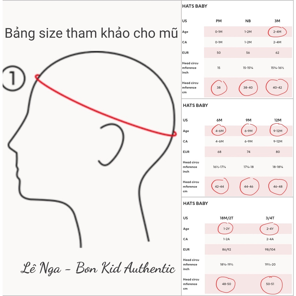 Mũ vải mềm bé trai,bé gái HM ES/US/UK/JP size 0-2m, 2-6m, 6-12m, 1-2y, 2-4y