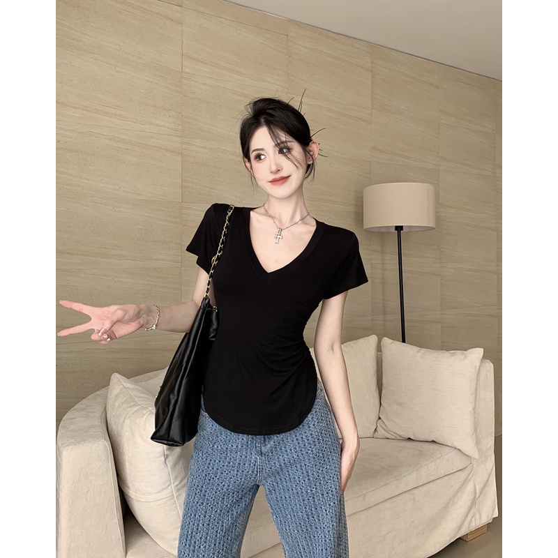 Áo Thun Tay Ngắn Cổ Chữ V Dáng Ôm Phối Túi Thời Trang Quyến Rũ Cho Nữ