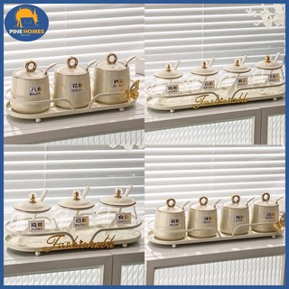 Hũ để gia vị thuỷ tinh, sứ trắng kèm khay kim loại hàng cao cấp