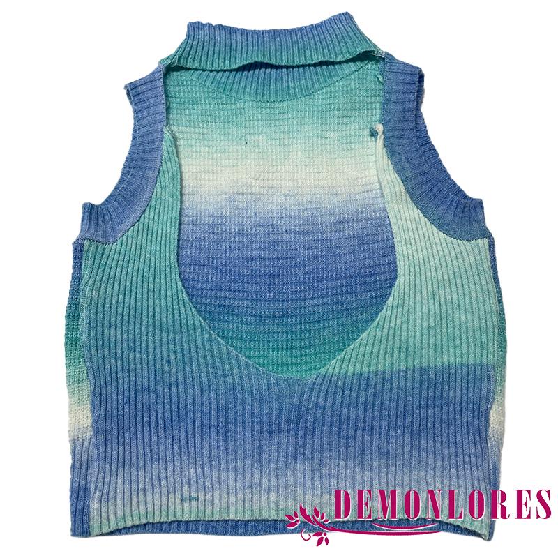 Áo Croptop Dệt Kim Không Tay Cổ Cao Hở Lưng Màu Gradient Thời Trang Mùa Hè Cho Nữ