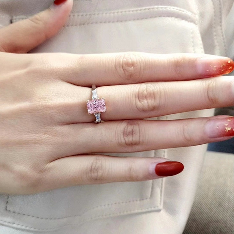 Nhẫn Đính Đá Zircon Hình Vuông Màu Hồng Thời Trang Lãng Mạn Cho Nữ