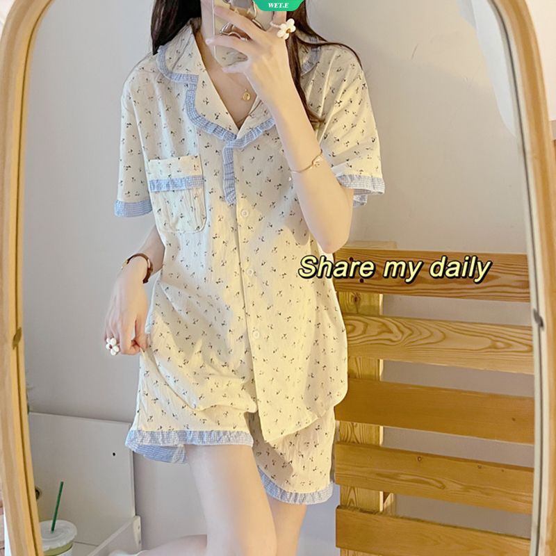Bộ Đồ Ngủ Ngắn Tay Dáng Rộng In Hoa Dễ Thương Phong Cách Hàn Quốc Cho Nữ