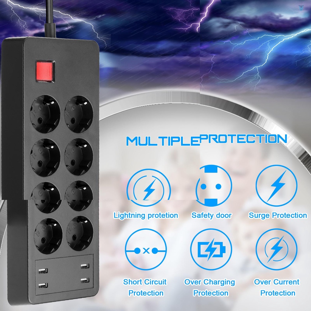 Ổ Cắm Điện 8AC 4 Cổng USB EU Kèm Công Tắc Chính Cho Nhà Ở / Văn Phòng