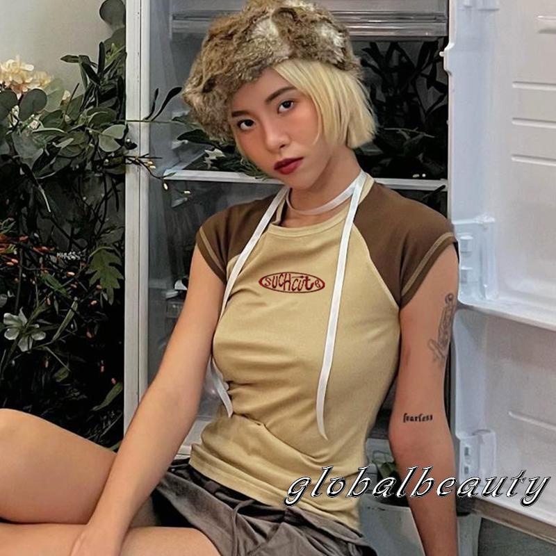 Áo Dệt Kim Ngắn Tay Cổ Tròn Thêu Chữ Màu Sắc Thời Trang Mùa Hè Cho Nữ