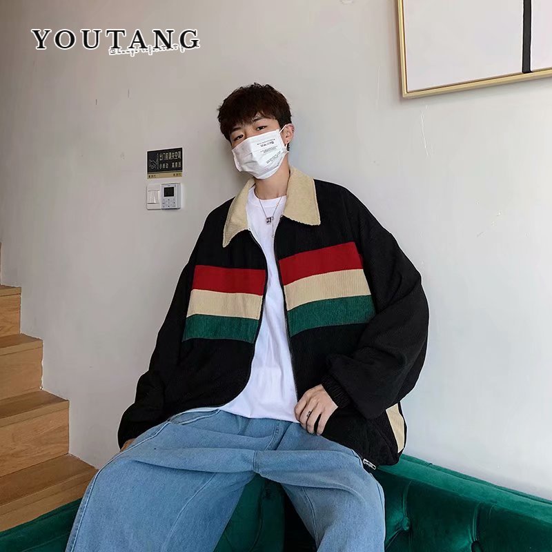Áo khoác bóng chày YOUTANG vải nhung tăm dáng rộng màu sắc thời trang xuân thu phong cách Hàn Quốc cho nam