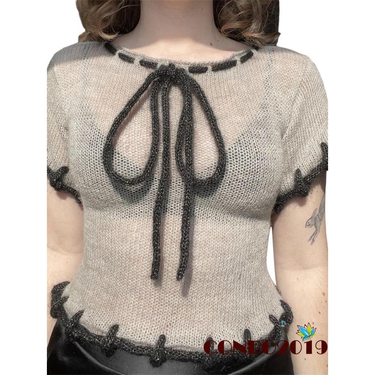 Áo Croptop Dệt Kim Tay Ngắn Phối Dây Rút Thời Trang Mùa Hè Cho Nữ