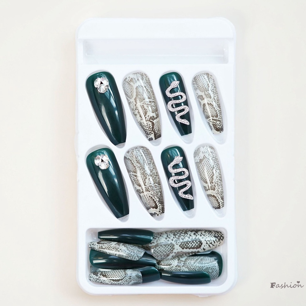 Móng Tay Giả Dài Màu Xanh Lá In Họa Tiết Da Rắn Chống Nhòe