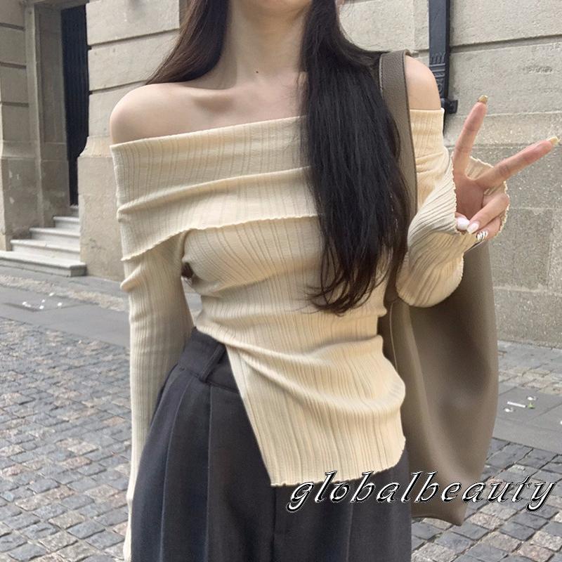 Áo Dệt Kim Dài Tay Trễ Vai Màu Sắc Đơn Giản Cho Nữ