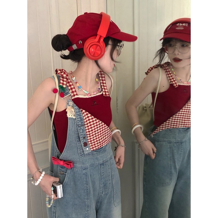 Áo Croptop Kẻ Sọc Ca Rô Phối Ren Thêu Quả Cherry Thời Trang Mùa Hè Phong Cách Hàn Quốc