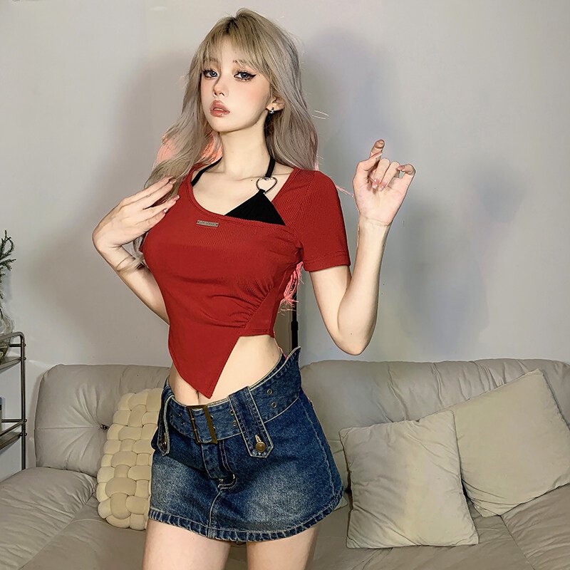 Kliou Áo Croptop Tay Ngắn Cổ Yếm Màu Hồng Dễ Thương Phong Cách Hàn Quốc Thời Trang Mùa Hè 2023