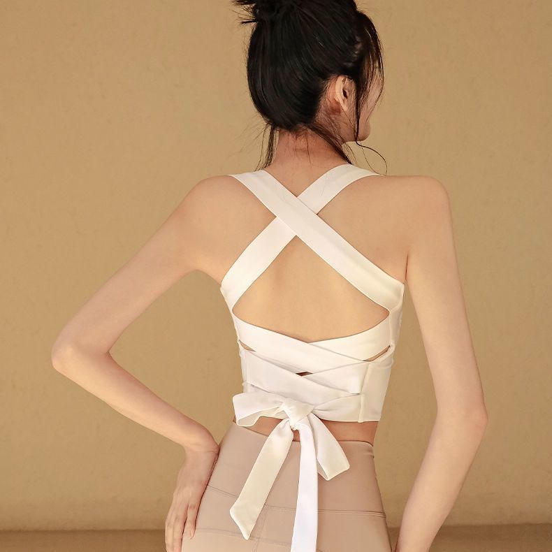 Áo Thể Thao Hai Dây Ngắn Lưng Buộc Dây Màu Trơn Có Đệm Ngực Chống Sốc Mặc Khi Tập Yoga Chạy Bộ Phong Cách Quyến Rũ Cho Nữ