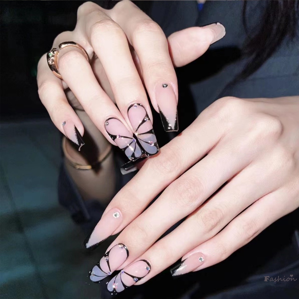 Móng Tay Giả Hình Vuông Họa Tiết Bướm Màu Tối Dễ Thương