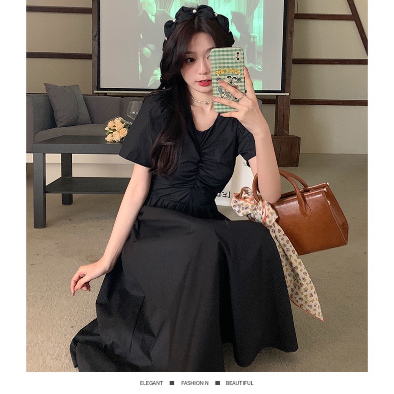 Đầm Tay Phồng Hở Lưng Màu Trơn Phong Cách Hàn Quốc Thời Trang Cho Nữ
