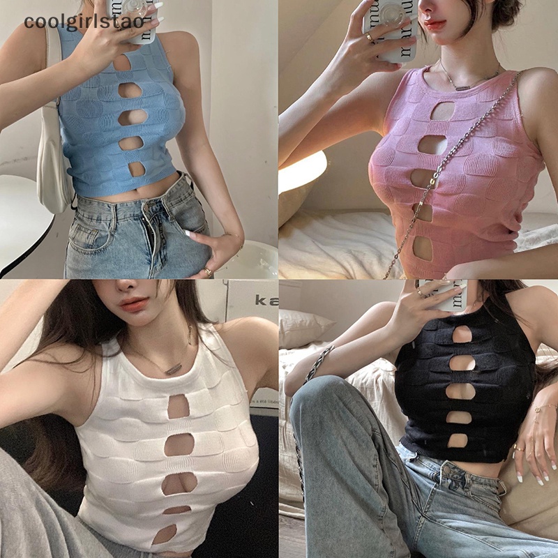 mùa hè Rỗng ra sexy dệt kim yếm trong phụ nữ vòng cổ không tay Slim Crop Top jhs