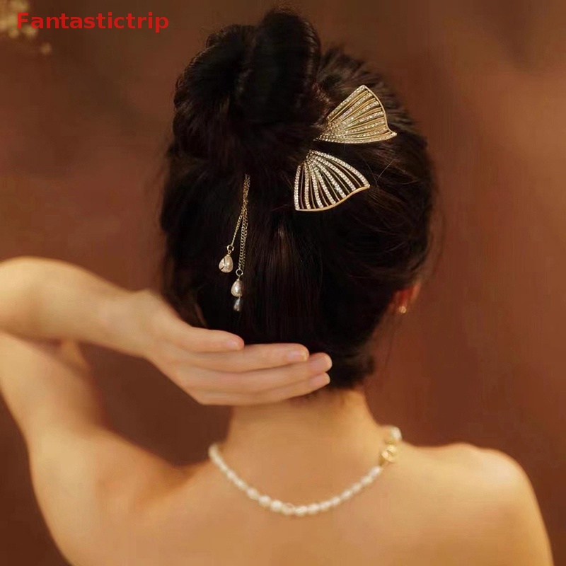 Kẹp Tóc Càng Cua Đính Đá Ngọc Trai Phối Nơ Tua Rua Thời Trang Cho Nữ