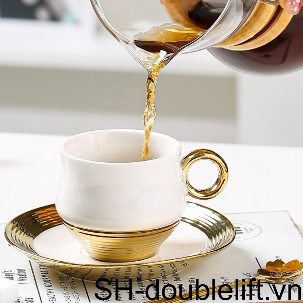Set Cốc Sứ Uống Trà / Cà Phê Có Tay Cầm Màu Vàng Đồng Phong Cách Châu Âu