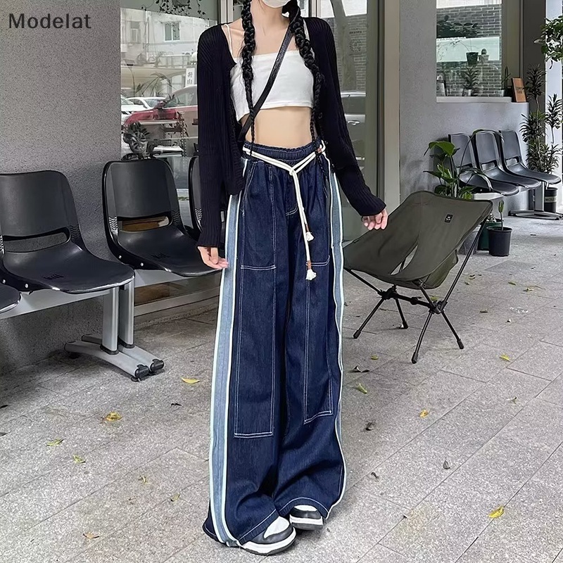 Quần Jean Ống Rộng Phối Dây Rút Màu Sắc Tương Phản Phong Cách Hip Hop MFC Thời Trang Cho Nữ