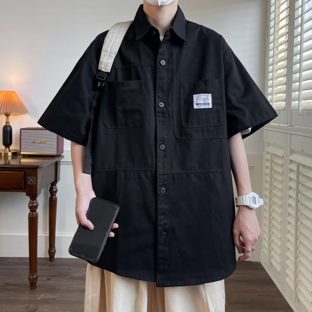 Áo Sơ Mi Cotton Tay Ngắn Dáng Rộng Phối Túi Phong Cách Vintage Cho Nam Giới Có Size M-8XL