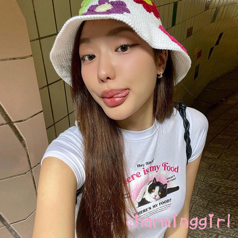 Áo Croptop Tay Ngắn Cổ Tròn In Chữ Và Hình Mèo Dễ Thương Cho Nữ