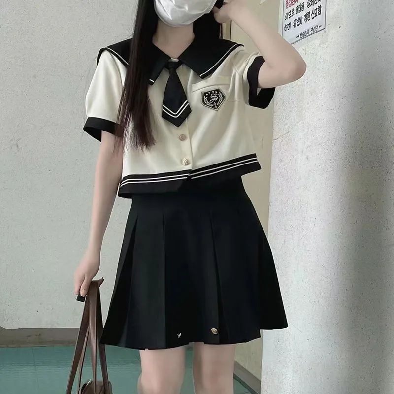 MnefokcSet 2 Món Phong Cách Nhật Bản Kiểu Cách Hải Quân Cổ Áo Ngắn Mix Quần Short Nữ Sinh