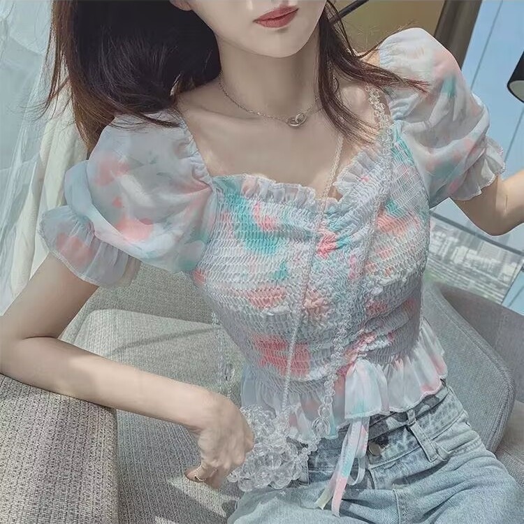 Áo Chiffon Tay Phồng Xếp Ly Phối Dây Rút Phong Cách Hàn Quốc Thời Trang Mùa Hè Xinh Xắn Cho Nữ