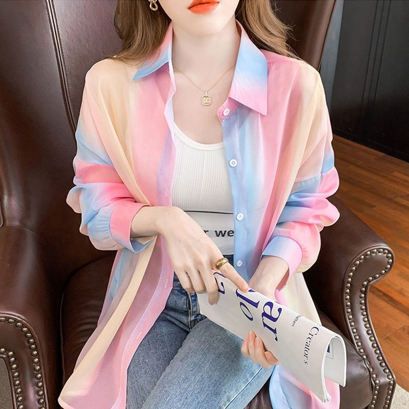 Áo Khoác Sơ Mi Chống Nắng Mỏng Tay Dài Màu Cầu Vồng Thời Trang Cho Nữ